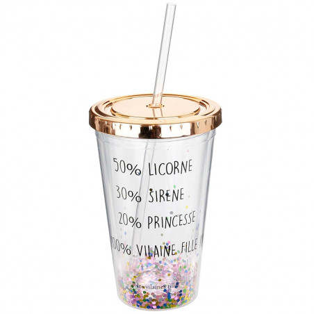 Verre à paillettes avec paille 100% vilaine fille