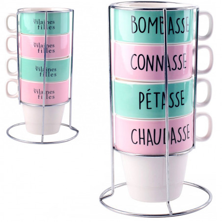 Set de 4 tasses Vilaines Filles et son support