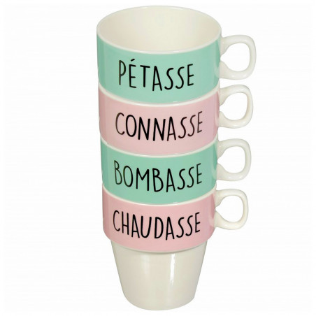 Set de 4 tasses Vilaines Filles et son support