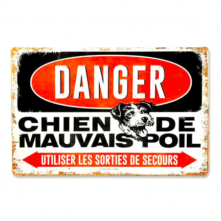 Plaque métal rétro Danger chien de mauvais poil