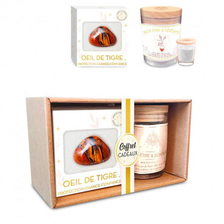 Coffret bougie et pierre oeil de tigre