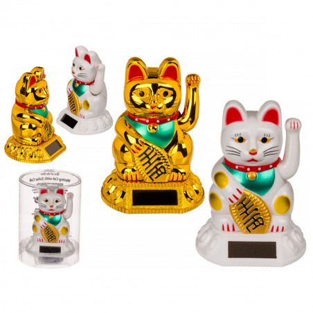 Maneki-neko solaire en plastique avec patte mobile, disponible en blanc ou doré - Mycrazystuff