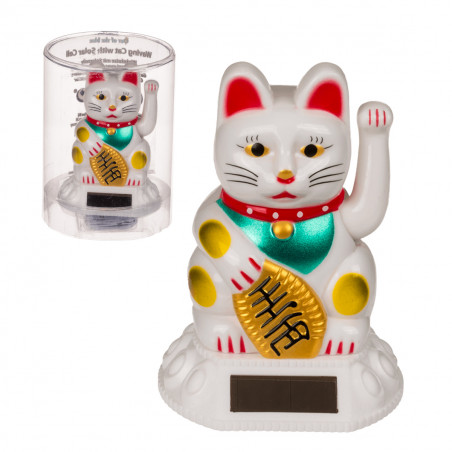 Maneki-neko solaire en plastique avec patte mobile, disponible en blanc ou doré - Mycrazystuff