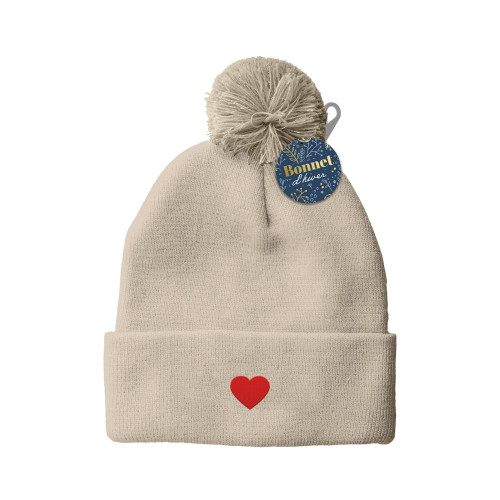 Bonnet pompon beige picto coeur