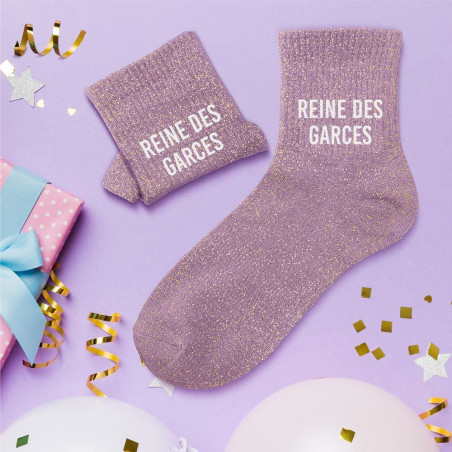 Chaussettes courtes à paillettes dorées Reine Des Garces violette