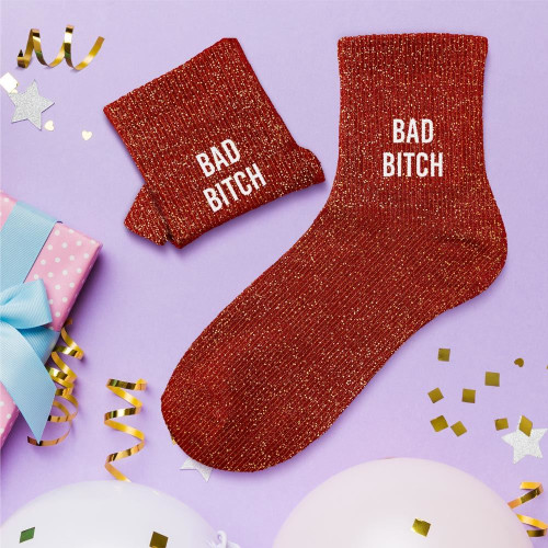 Chaussettes courtes à paillettes dorées "bad bitch" rouges