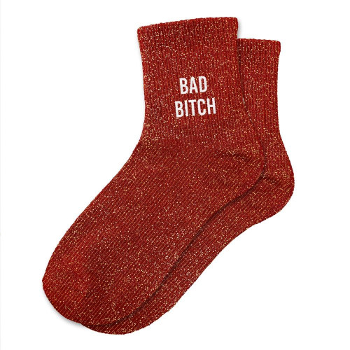 Chaussettes courtes à paillettes dorées "bad bitch" rouges