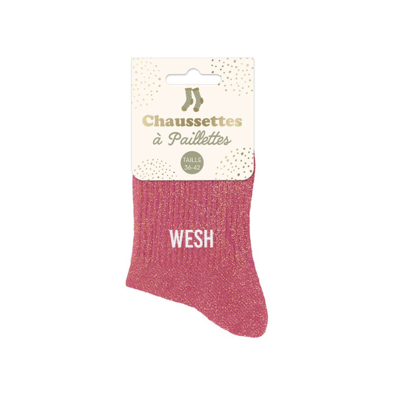 Chaussettes courtes à paillettes dorées "wesh" roses