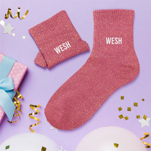 Chaussettes courtes à paillettes dorées "wesh" roses