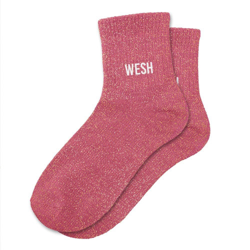 Chaussettes courtes à paillettes dorées "wesh" roses