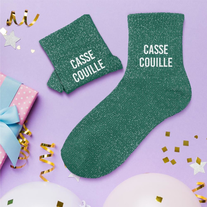 Chaussettes Humoristiques 'Casse Couille' à Paillettes, Vertes, Taille 36-42, STC, Cadeau Femme Original