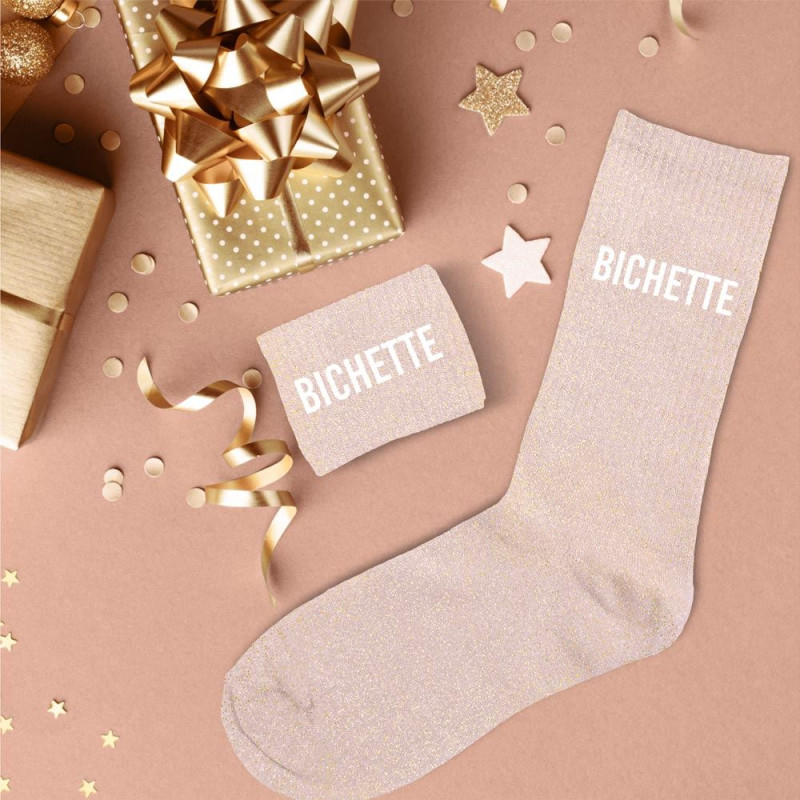 Chaussettes à Paillettes "BICHETTE" Rose Gold - Message Humoristique Et Girly, Cadeau Original Pour Femme