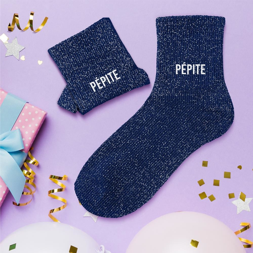 chaussettes bleues à paillettes argentées "pépite"