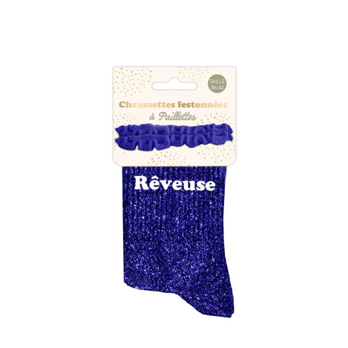 Chaussettes feston courtes à paillettes argentées "rêveuse" bleues