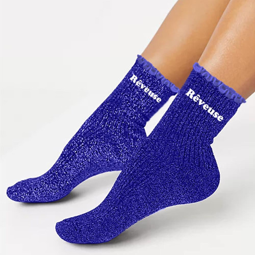 Chaussettes feston courtes à paillettes argentées "rêveuse" bleues