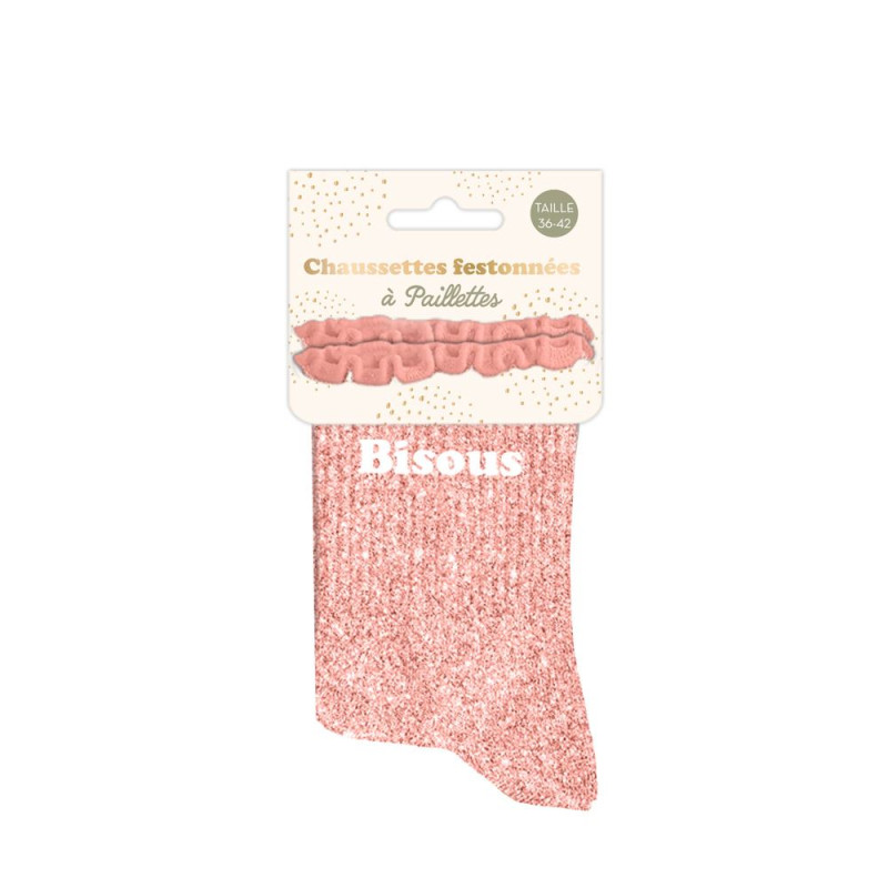 Chaussettes feston courtes à paillettes argentées "bisous" roses