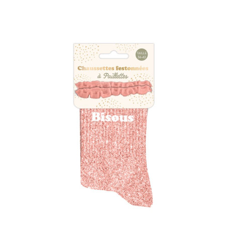 Chaussettes feston courtes à paillettes argentées "bisous" roses