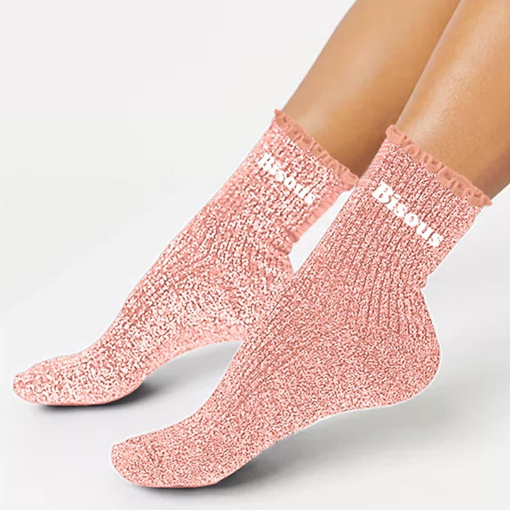 Chaussettes feston courtes à paillettes argentées "bisous" roses