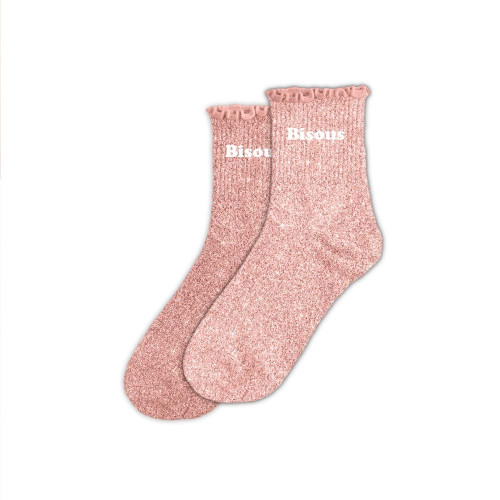 Chaussettes feston courtes à paillettes argentées "bisous" roses