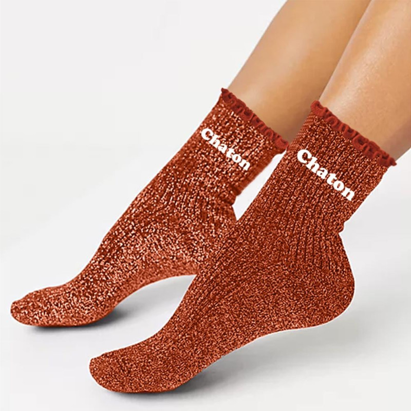 Chaussettes feston courtes à paillettes dorées "chaton" rouges
