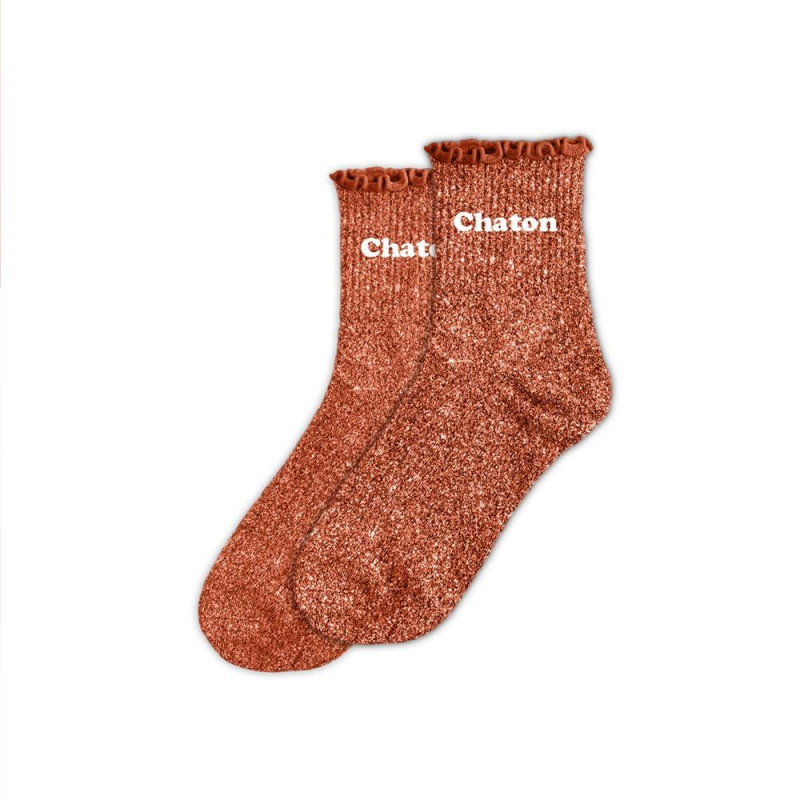 Chaussettes feston courtes à paillettes dorées "chaton" rouges