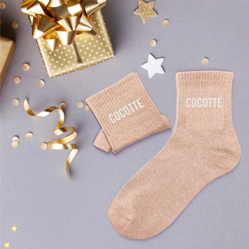 chaussettes roses à paillettes dorées "Cocotte"