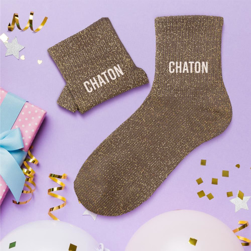 chaussettes dorées paillettes chaton