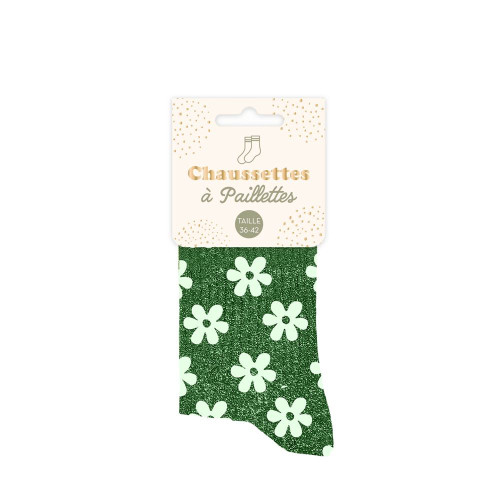 chaussettes courtes vertes paillettes "Fleur"