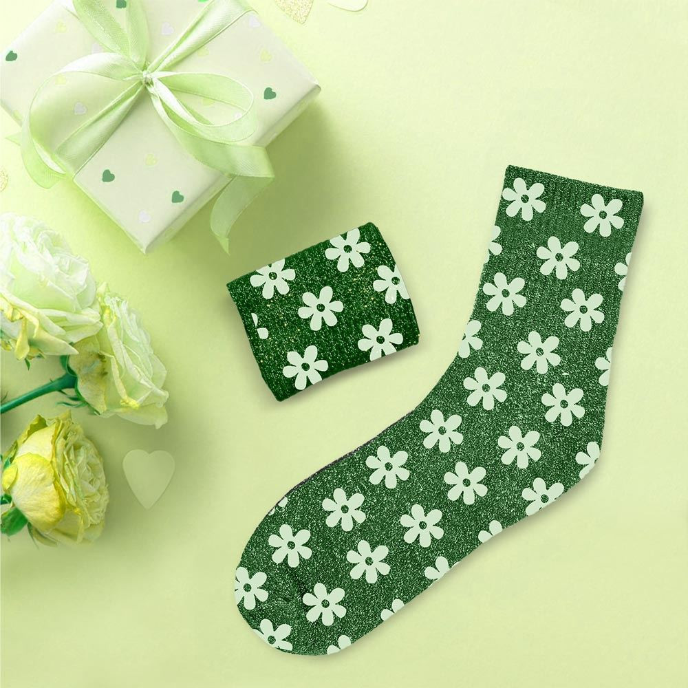 chaussettes courtes vertes paillettes "Fleur"