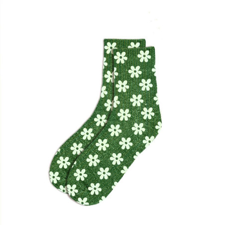 chaussettes courtes vertes paillettes "Fleur"