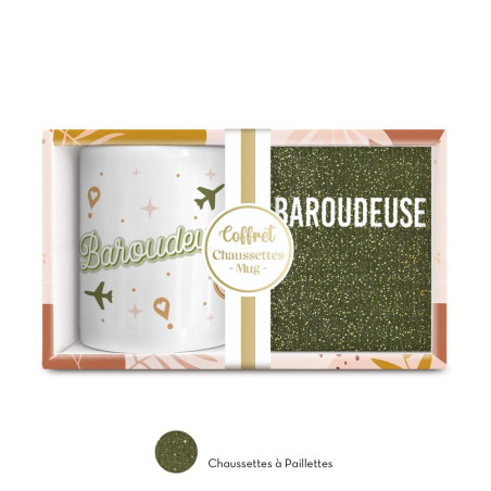 Coffret mug chaussettes vertes paillettes baroudeuse mycrazystuff.com