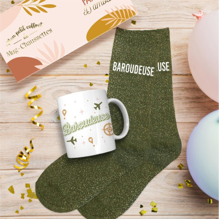 Coffret mug chaussettes vertes paillettes baroudeuse mycrazystuff.com