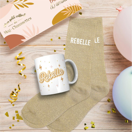 coffret mug chaussettes beiges paillettes rebelle mycrazystuff.com