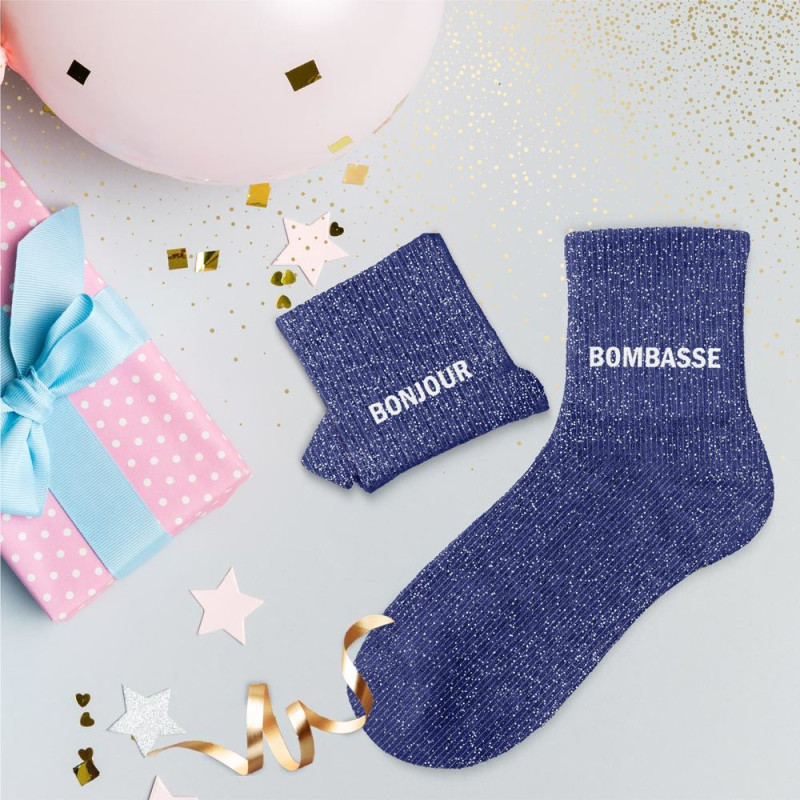 chaussettes bleues duo paillettes bonjour bombasse mycrazystuff.com