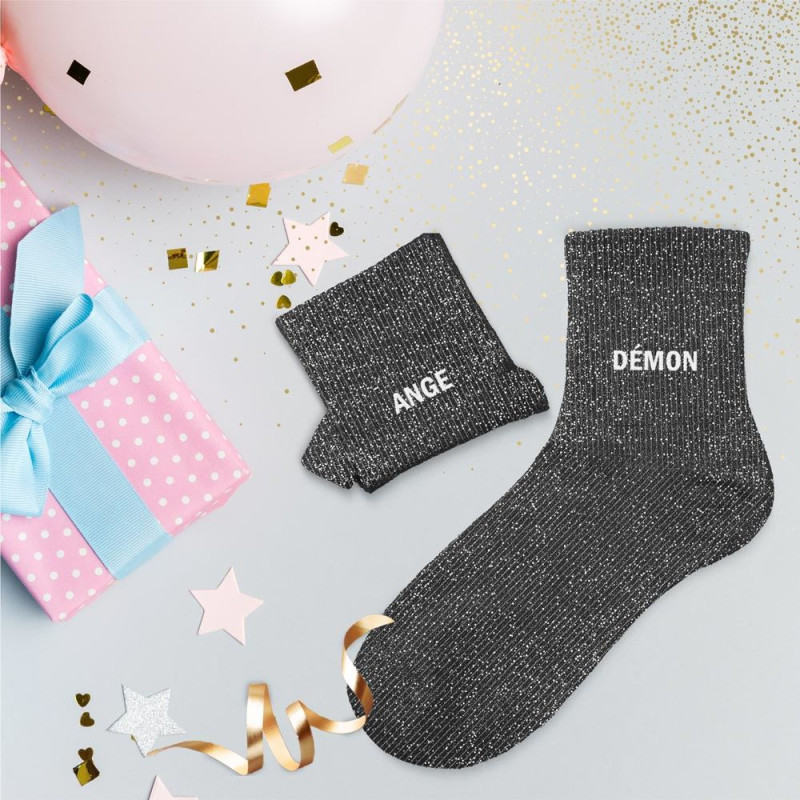 chaussettes duo noires paillettes ange démon mycrazystuff.com