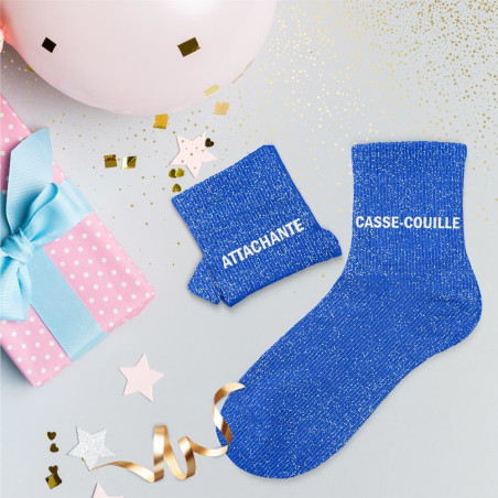chaussettes duo bleues paillettes attachante casse couille mycrazystuff.com
