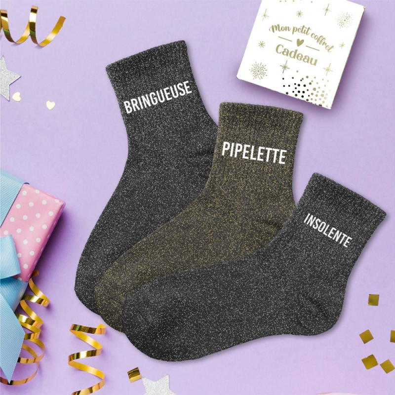 lot 3 paires de chaussettes paillettes bringueuse pipelette insolente mycrazystuff.com