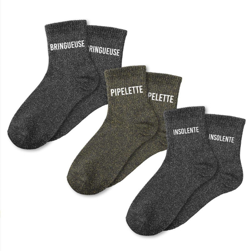 lot 3 paires de chaussettes paillettes bringueuse pipelette insolente mycrazystuff.com