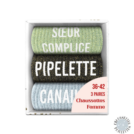 Lot de 3 paires de chaussettes paillettes soeur complice, pipelette, canaille mycrazystuff.com