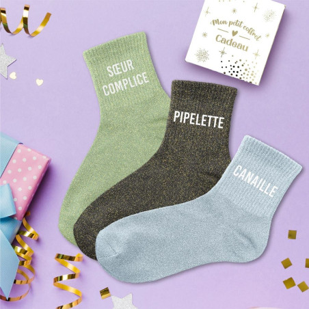 Lot de 3 paires de chaussettes paillettes soeur complice, pipelette, canaille mycrazystuff.com