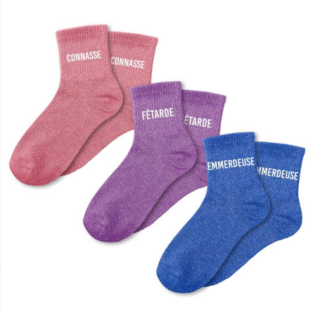 Lot 3 paires de chaussettes paillettes "connasse, fetarde, emmerdeuse"