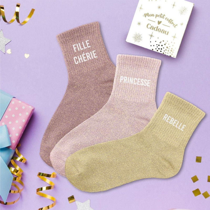 lot de 3 paires de chaussettes paillettes fille chérie princesse rebelle mycrazystuff.com