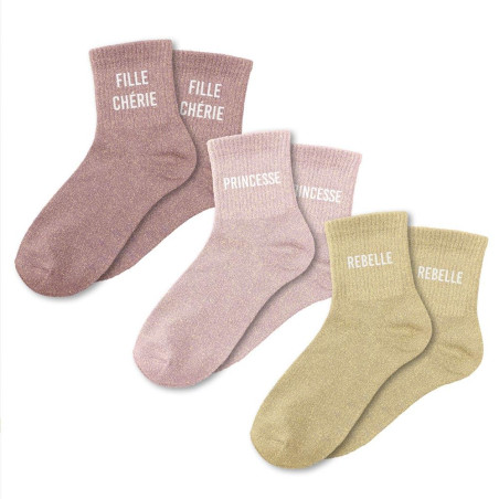 lot de 3 paires de chaussettes paillettes fille chérie princesse rebelle mycrazystuff.com