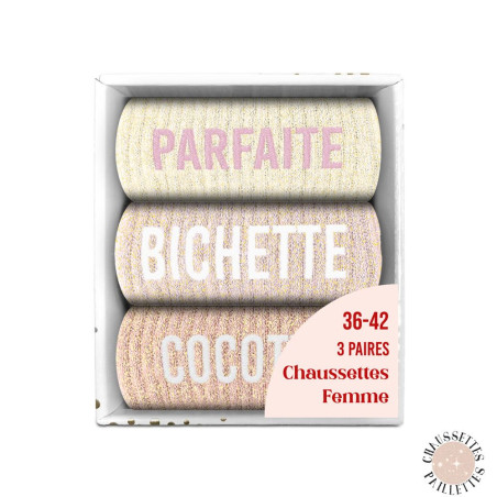 lot de 3 paires de chaussettes paillettes parfaite bichette cocotte mycrazystuff.com
