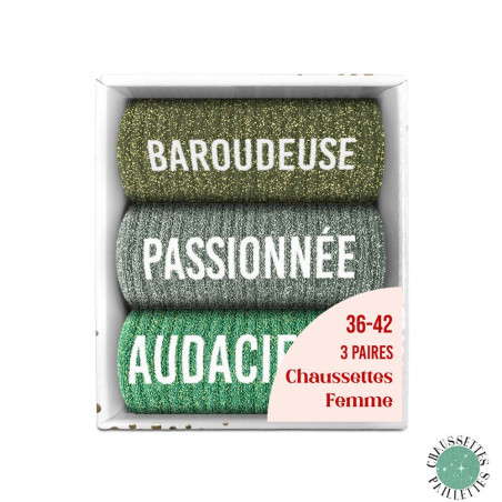 lot de 3 paires de chaussettes paillettes baroudeuse passionnée audacieuse mycrazystuff.com