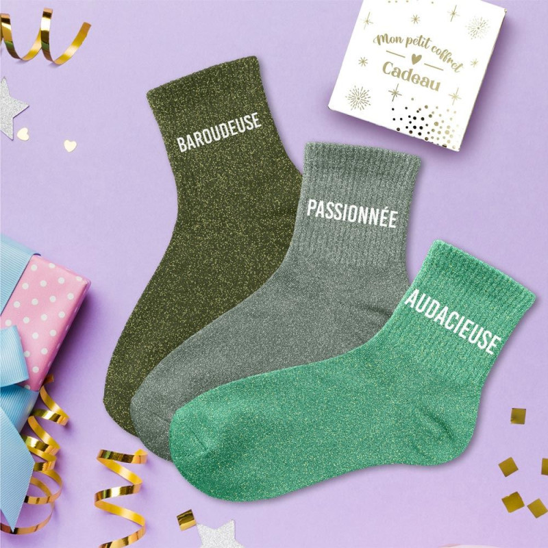 Lot 3 paires de chaussettes paillettes "baroudeuse, passionnée, audacieuse"