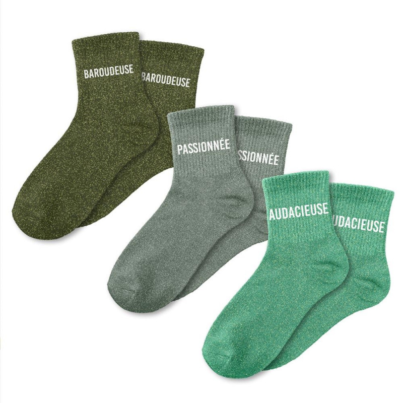 Lot 3 paires de chaussettes paillettes "baroudeuse, passionnée, audacieuse"