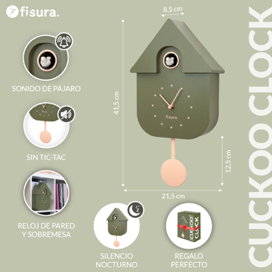 Horloge Coucou Vert Olive et Rose pendule vintage Fisura mycrazystuff.com