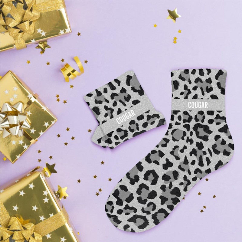 Chaussettes à paillettes léopard gris "Cougar" mycrazystuff.com