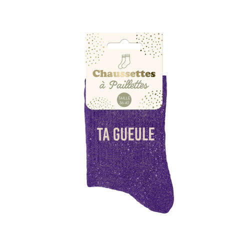 Chaussettes violettes à paillettes "Ta Gueule" mycrazystuff.com